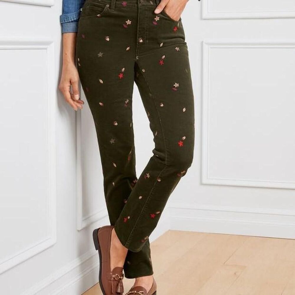 Talbots Stretch Corduroy Straight Leg Pants Acorn Leaves Plus Size 14